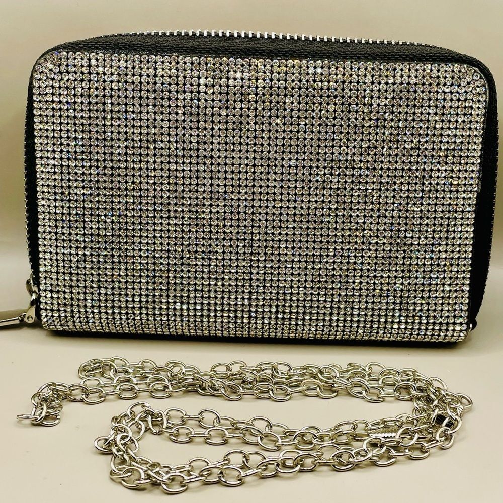 Rhinestone clutch wallet bag with black trim. Woman’s evening purse. Glam. Bling